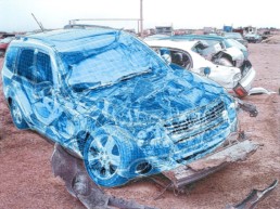 wire mesh of crashed vehicle