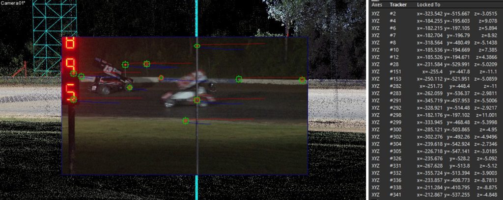 Tracked 2D points (in green, LEFT) constrained to 3D x,y,z coordinates (RIGHT)
